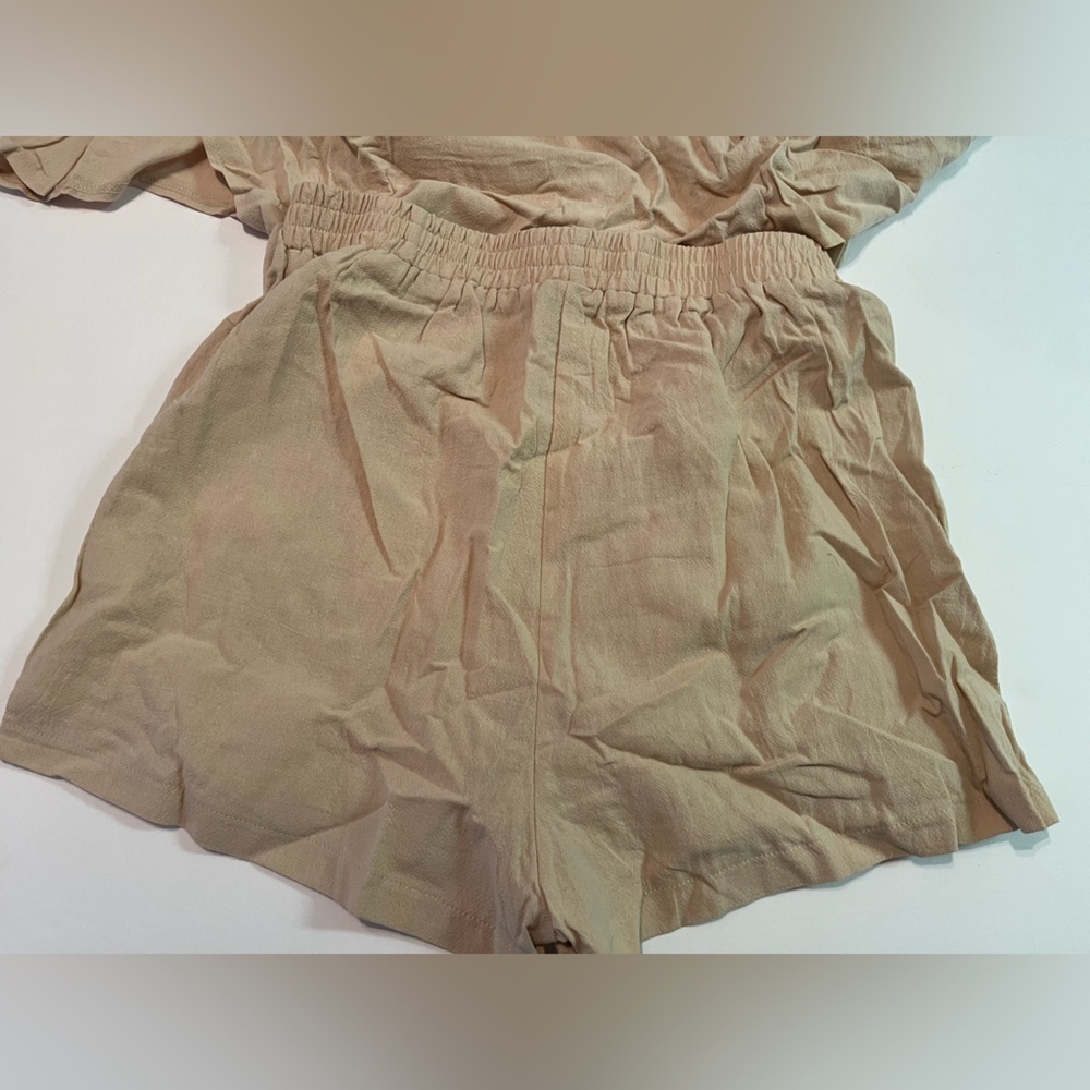 Shein Drop Shoulder Button Up Tan Shirt & Knot Front Shorts New in Package Sz 6 - Picture 6 of 7